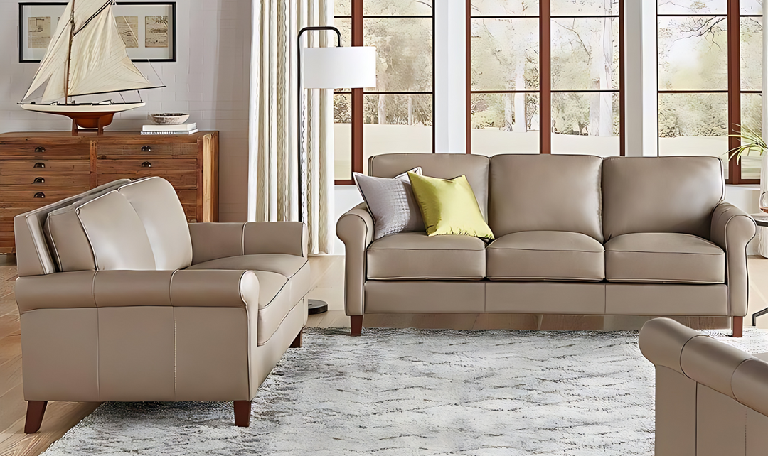 Laguna Leather Living Room Set With Rolled Arms