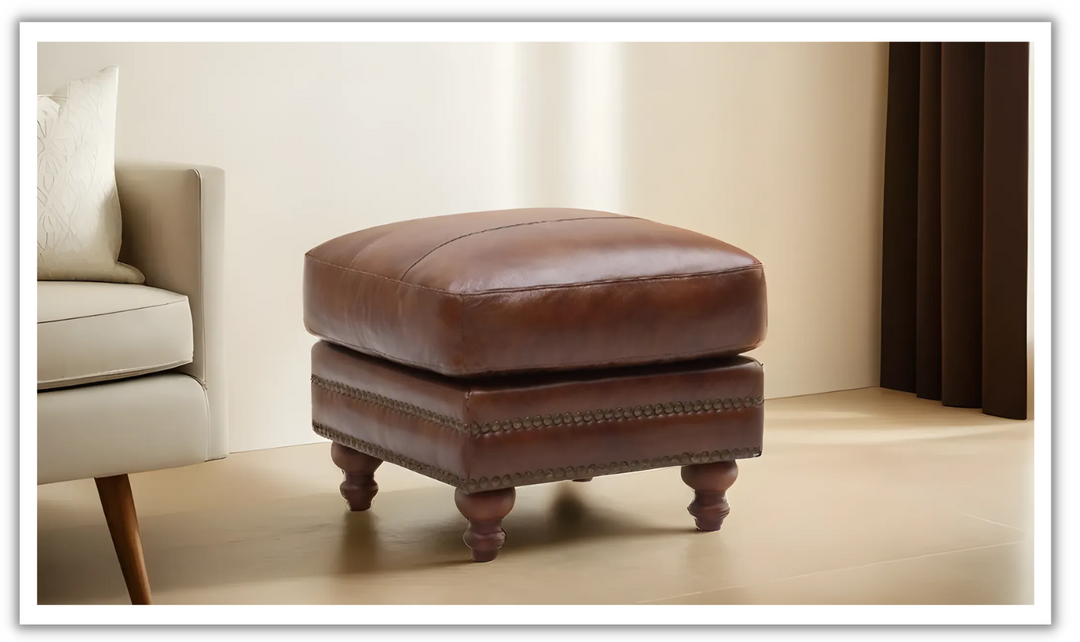 Leather Italia Butler Brown Leather Attached Cushion Ottoman-Jennifer Furniture