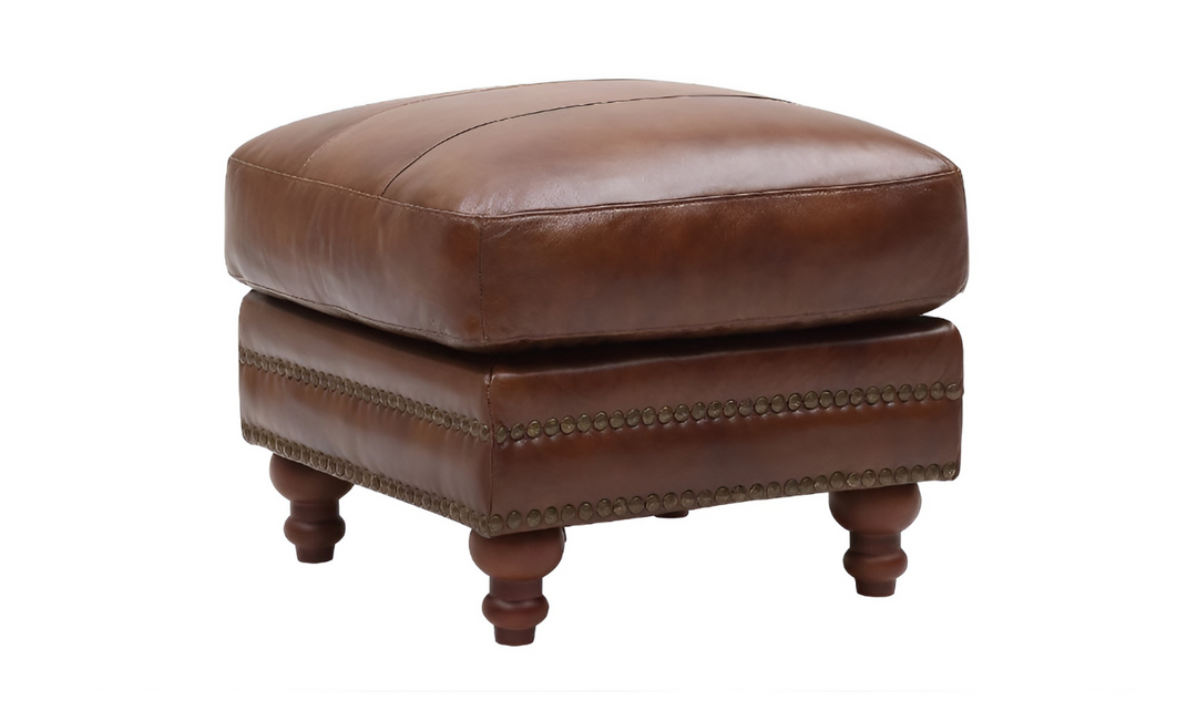 Leather Italia Butler Brown Leather Attached Cushion Ottoman-Jennifer Furniture