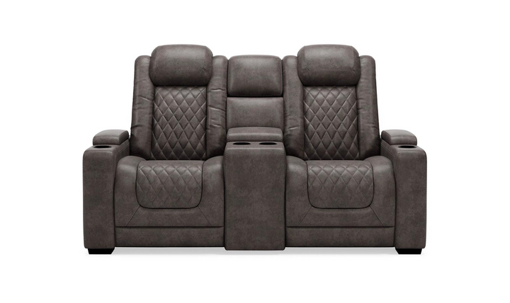 Modern Heritage HyllMont Gray Leather Power Reclining Loveseat with Console