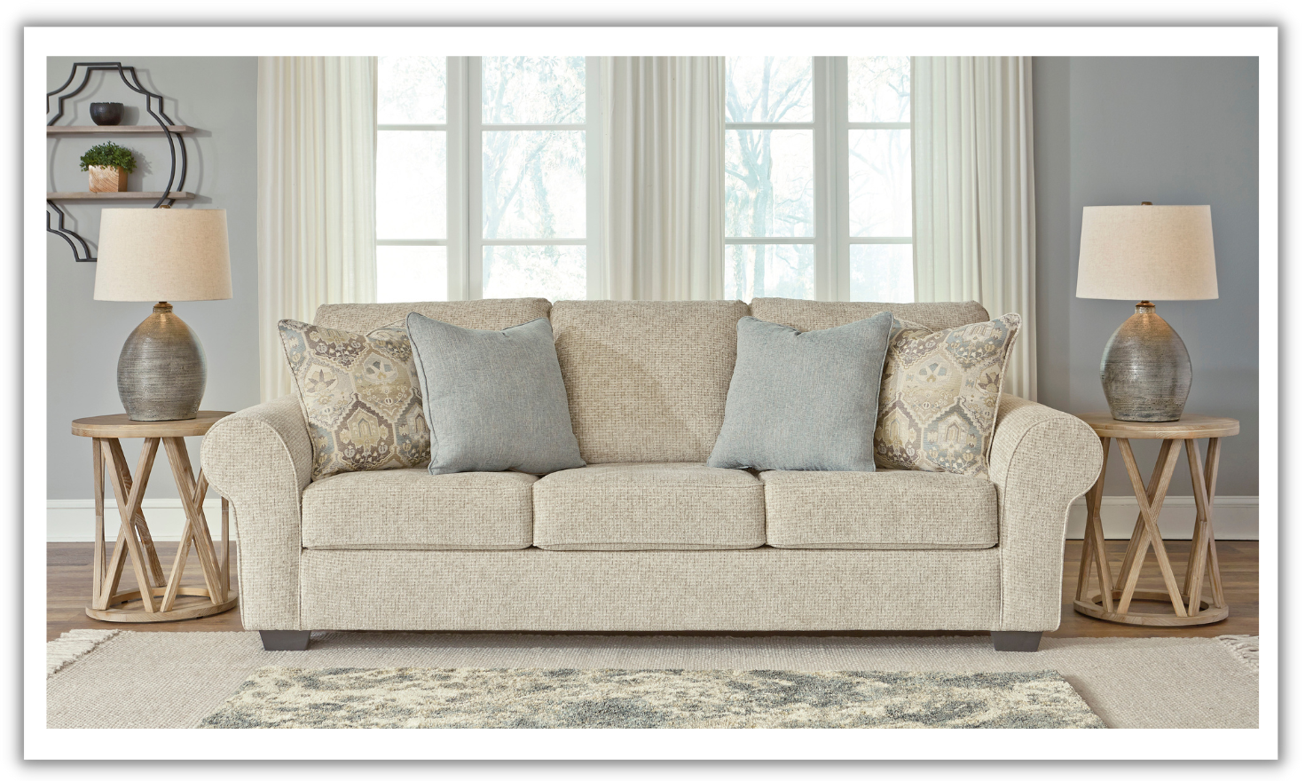 Ashley  Haisley 3-Seater Ivory Fabric Sofa with Rolled Arm