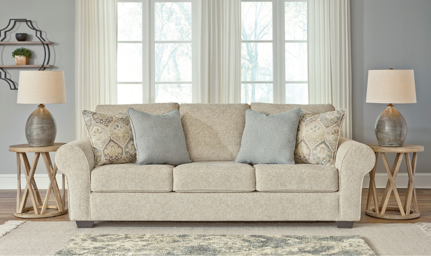 Ashley  Haisley 3-Seater Ivory Fabric Sofa with Rolled Arm