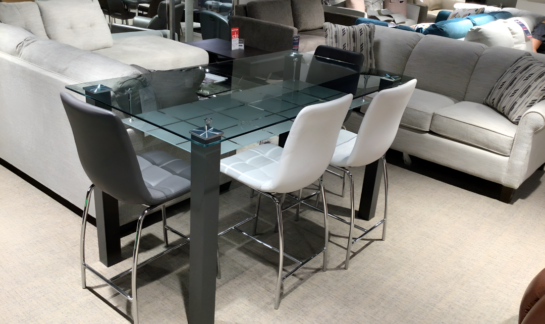 Napa Counter Height Glass Table with 2 white stools and 2 grey stools - Jennifer Furniture