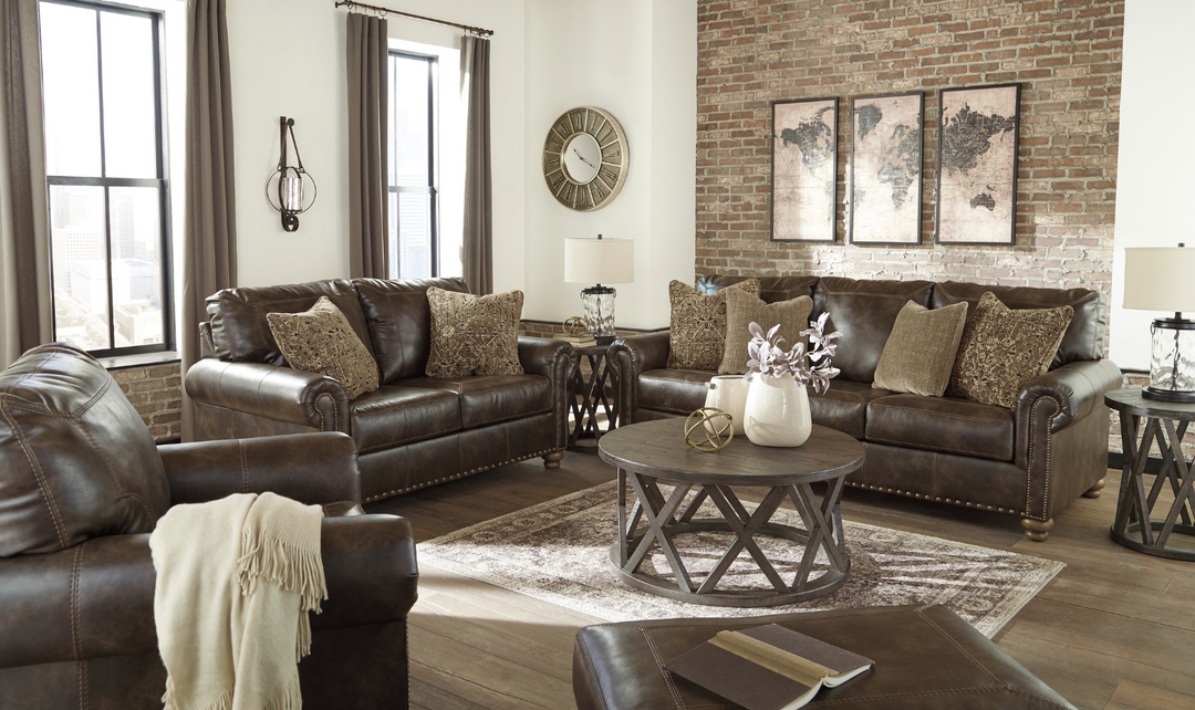 Ashley Nicorvo Rolled Arm Leather Living Room Set in Brown-Jennifer Furniture