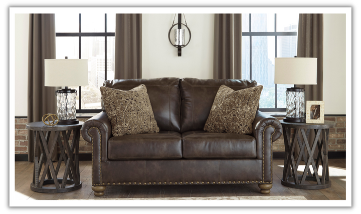 Ashley Nicorvo Leather Loveseat with Rolled Arms in Coffee-Jennifer Furniture