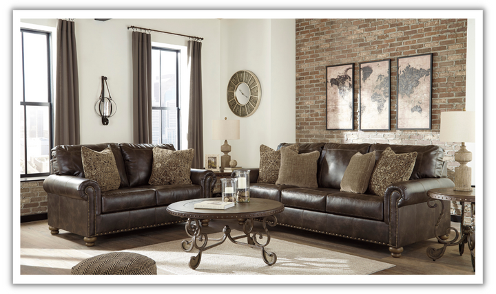 Ashley Nicorvo Rolled Arm Leather Living Room Set in Brown-Jennifer Furniture