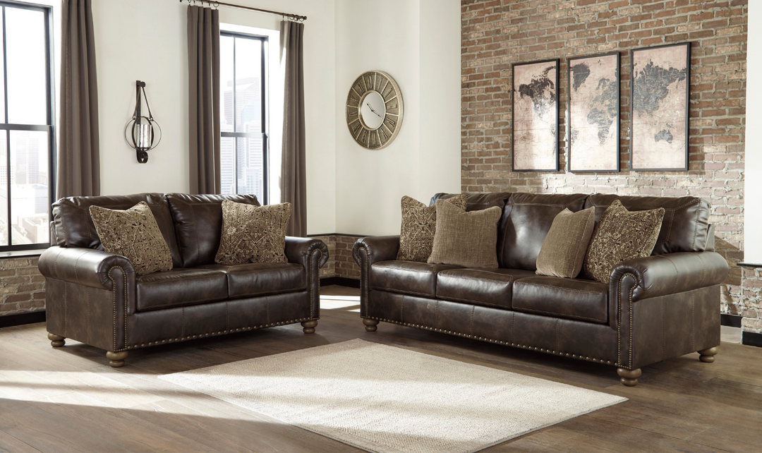 Ashley Nicorvo Rolled Arm Leather Living Room Set in Brown-Jennifer Furniture