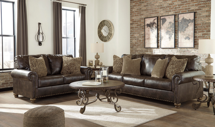 Ashley Nicorvo Rolled Arm Leather Living Room Set in Brown-Jennifer Furniture