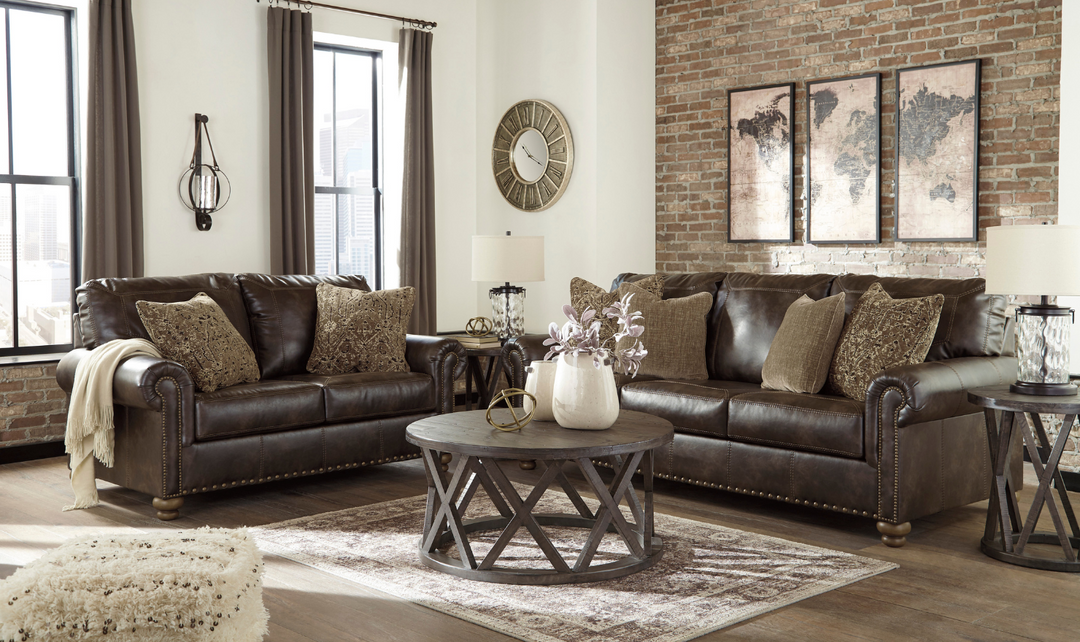 Ashley Nicorvo Rolled Arm Leather Living Room Set in Brown-Jennifer Furniture