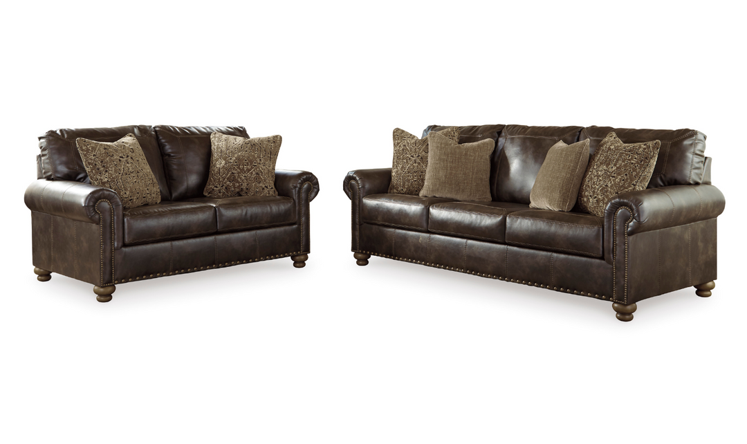 Ashley Nicorvo Rolled Arm Leather Living Room Set in Brown-Jennifer Furniture