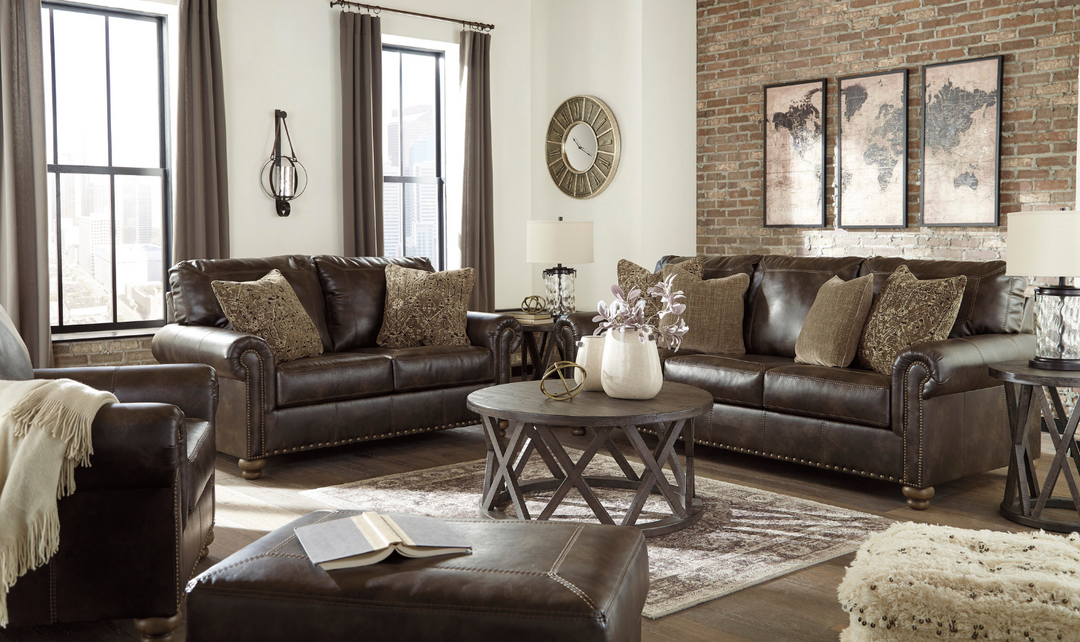 Ashley Nicorvo Rolled Arm Leather Living Room Set in Brown-Jennifer Furniture