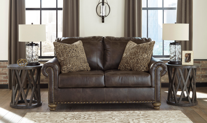 Ashley Nicorvo Leather Loveseat with Rolled Arms in Coffee-Jennifer Furniture