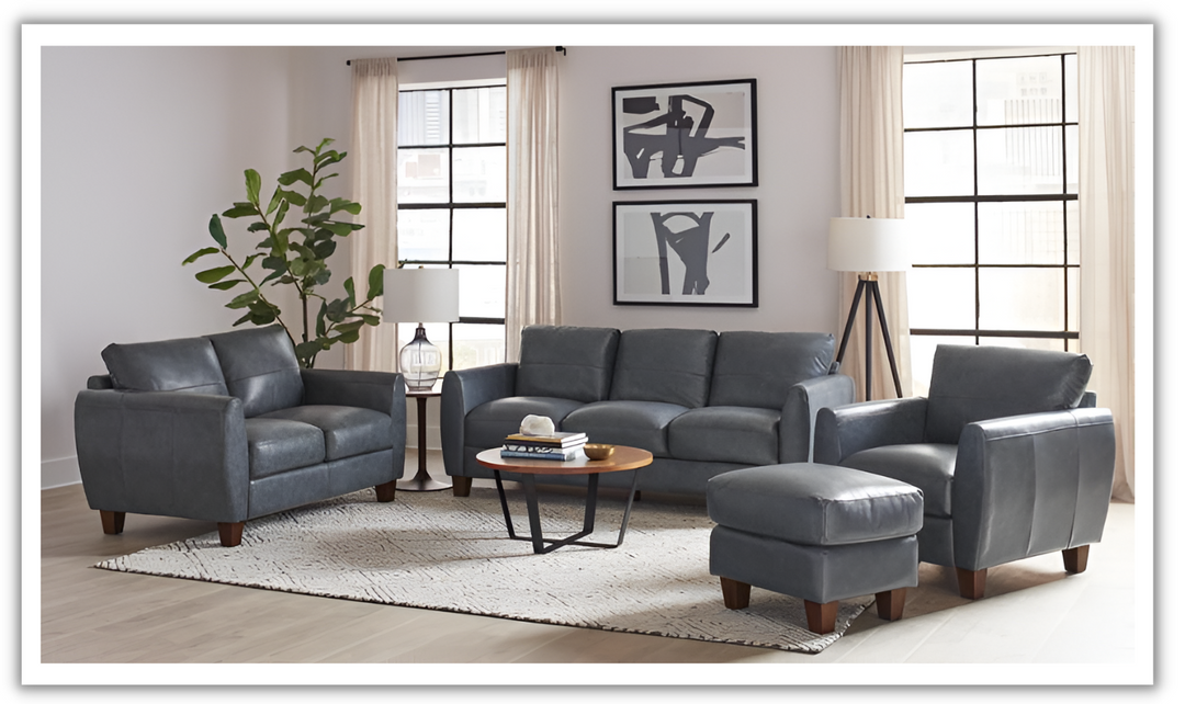 Leather Italia Traverse Blue Leather Traditional Living Room Set- jennifer furniture