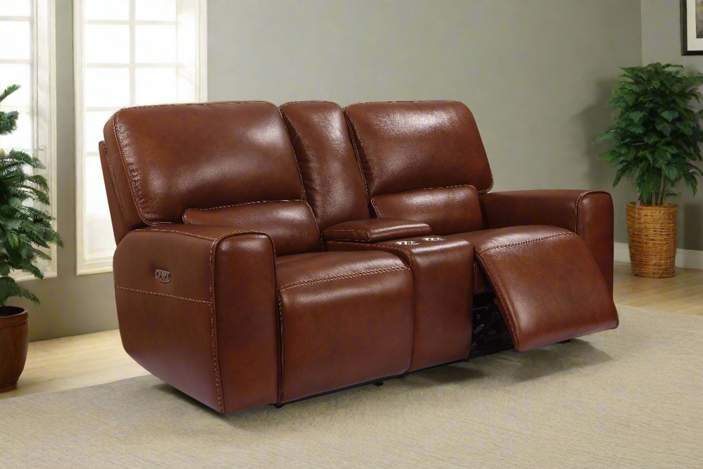 Leather Italia Broadway Brown Leather Power Reclining Loveseat w/ Console-jennifer furniture